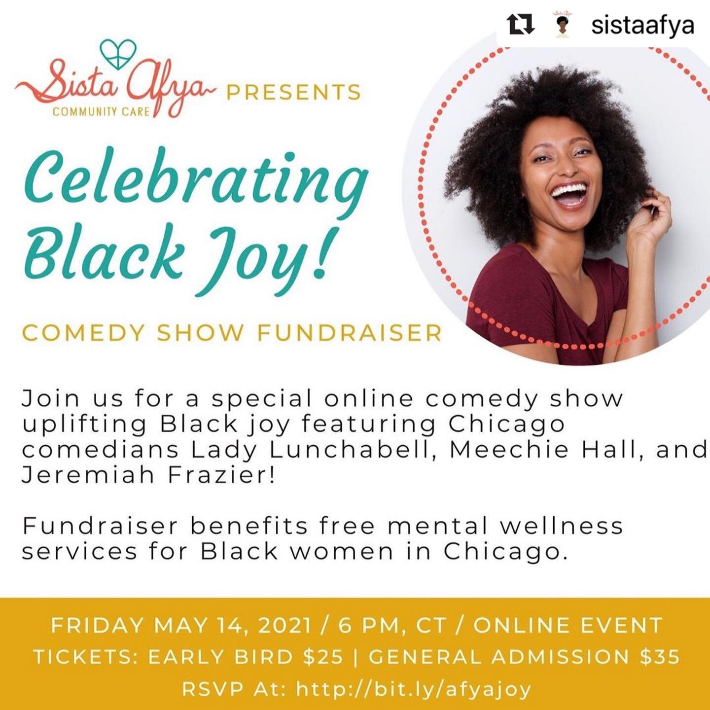 Great event from @sistaafya benefitting free mental wellness for Black women in Chicago. Check it out!
・・・
‼️ Early Bird Tickets ($25) End Next Week ‼️ Don't Delay, RSVP Today ‼️⁠
⁠
Join us for a special online comedy show uplifting Black joy featuri