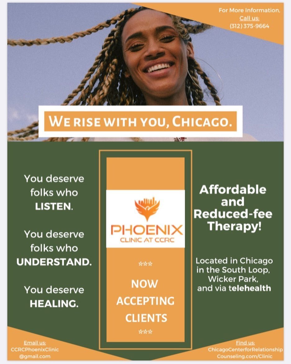 Are you or someone you know looking for AFFORDABLE therapy? Check out the Phoenix Clinic at CCRC!
 
Located in the South Loop and Wicker Park and via telehealth, the Phoenix Clinic offers affordable and quality therapeutic services on a sliding scale