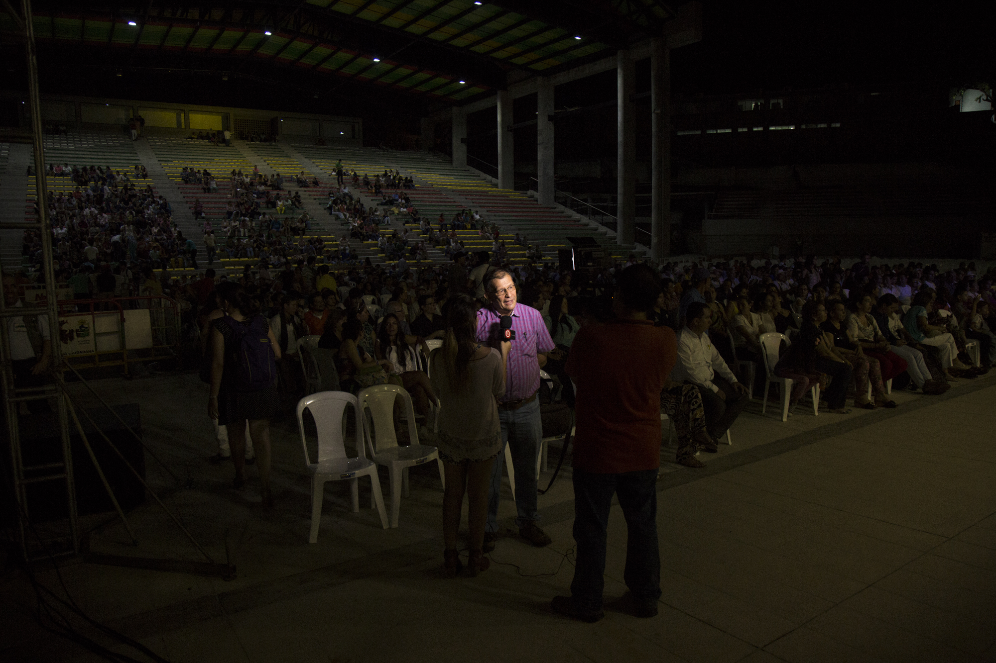  Miller Dussan, professor and leader of ASOQUIMBO is interviewed by the local media during a homecoming rally for the resistance in Neiva, Huila, Colombia. 