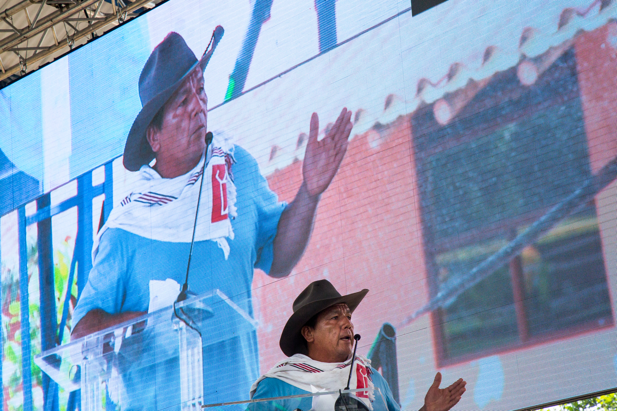  A community member of Rubiales, Meta speaks in front of the oil company Ecopetrol during a community meeting offering his testimony of contamination wrought by oil exploration. Ecopetrol called the meeting as it aims to expand its dumping of water u