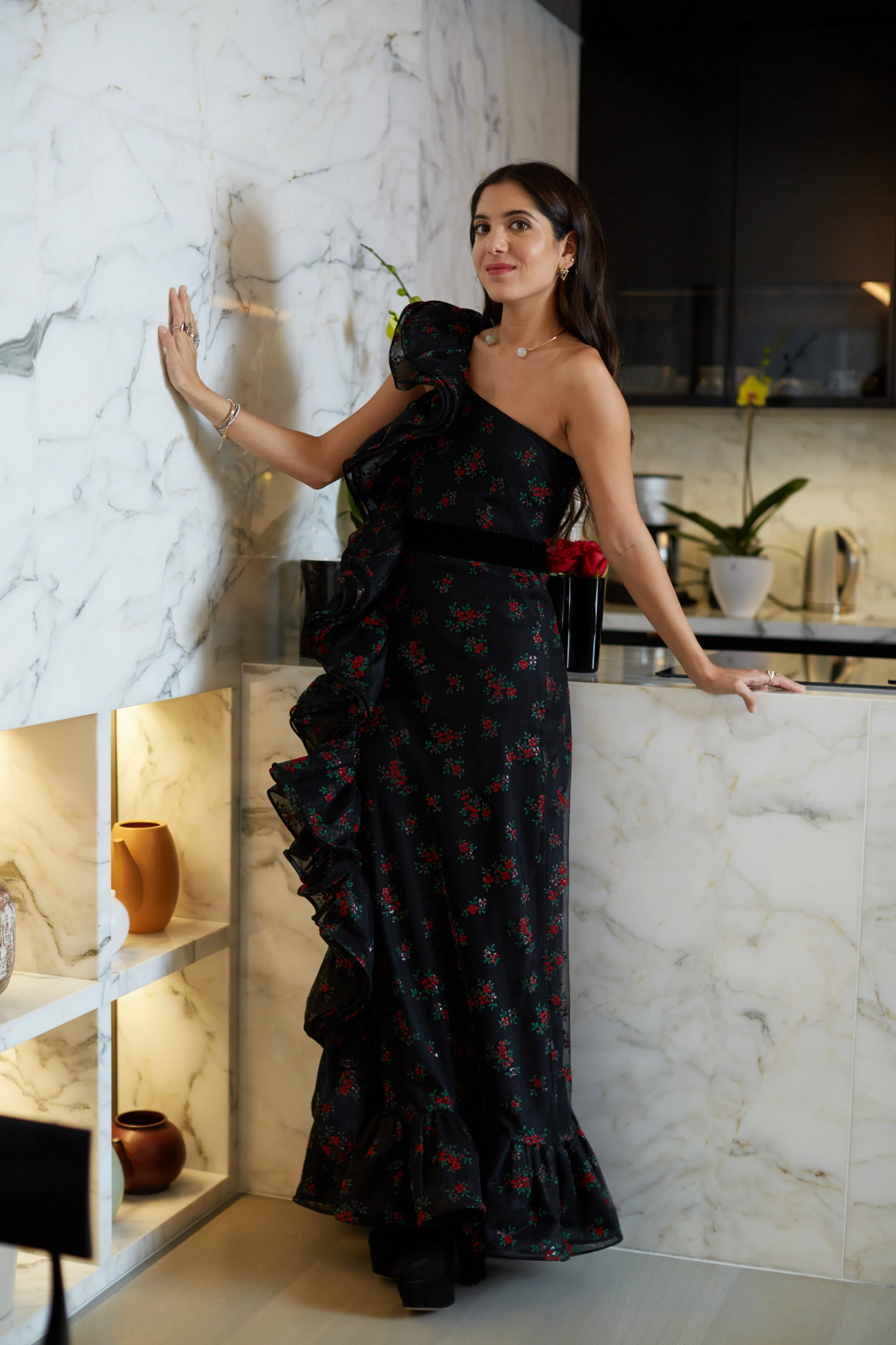  Noor Fares for Harper's BAZAAR Arabia in a Gucci dress and her own jewelry.