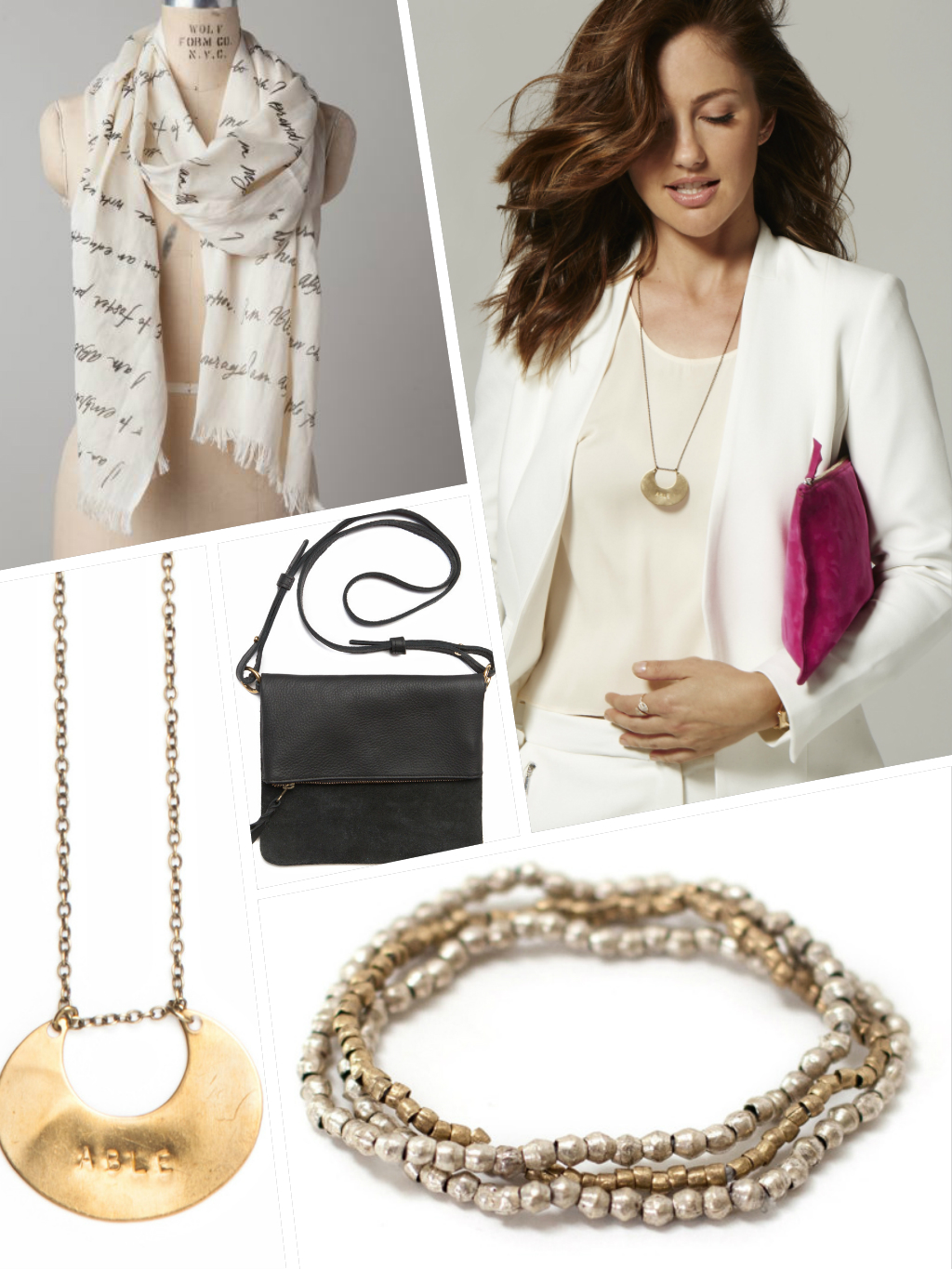 Clockwise from top left: The ABLE Scarf , Minka holding the Hibret Zippered Pouch , Tizita Bracelets , ABLE Necklace , and Agnes Foldover Crossbody Bag