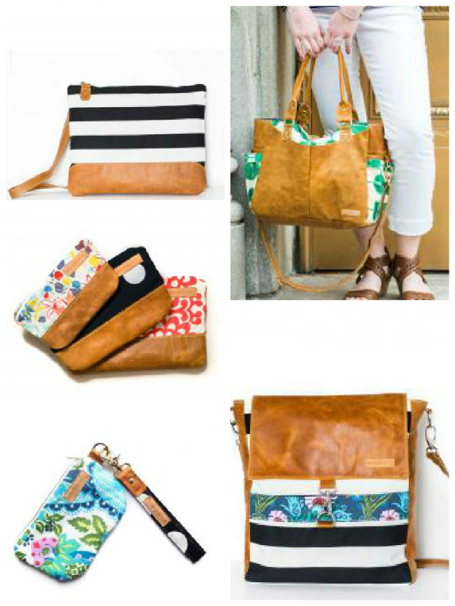 Clockwise from top left: Laptop Sleeve , Linda , Brynnda , Wristlet Set , and Nesting Pouches with Leather Bands .