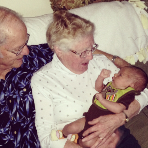 My Little Dude meeting his great-grandparents for the first time, a year and a half ago.