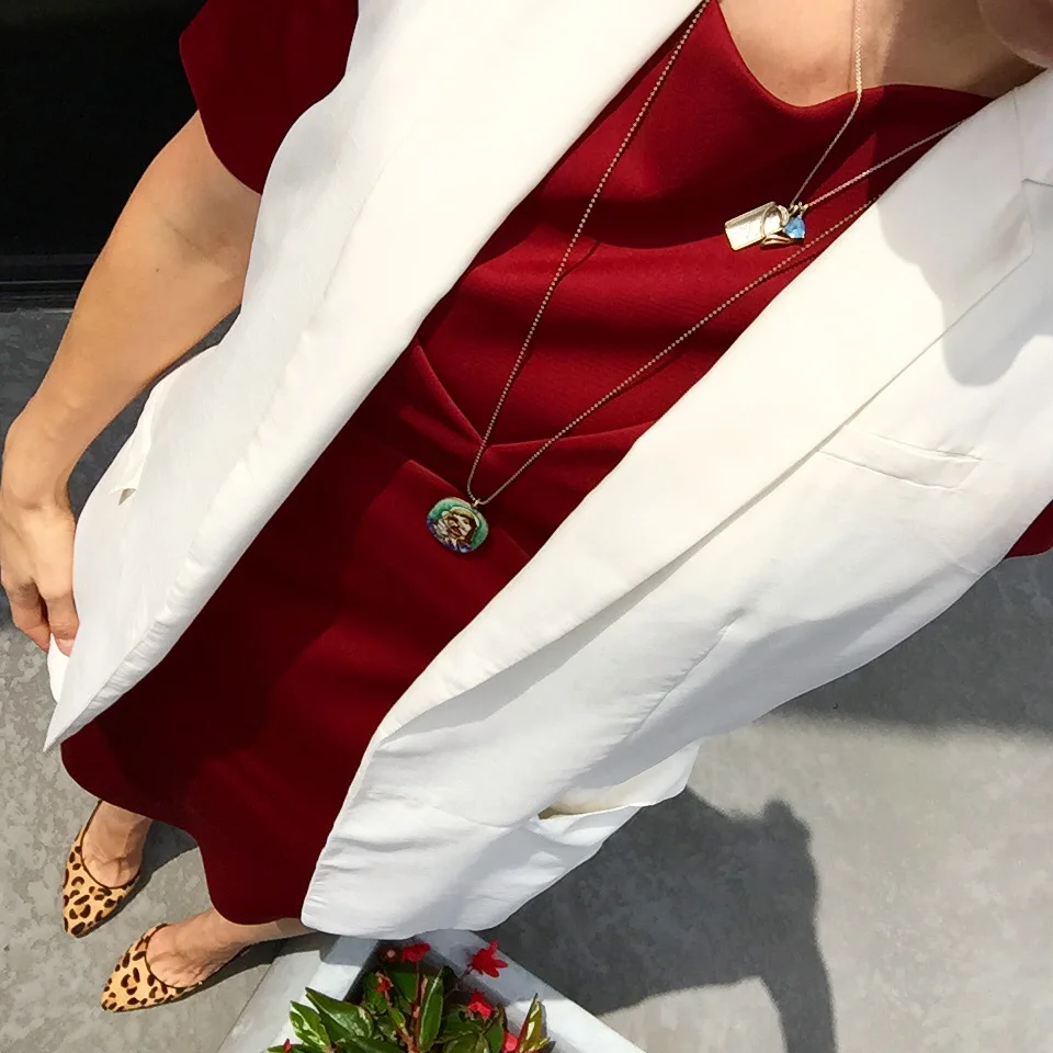  Again with the white. Wearing an inherited Madonna (and child, not the singer) pendant from my late grandma, who's favorite color also happened to be red.   