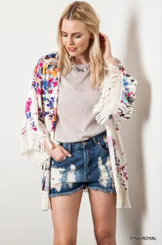   Floral Fringe Kimono, $44    