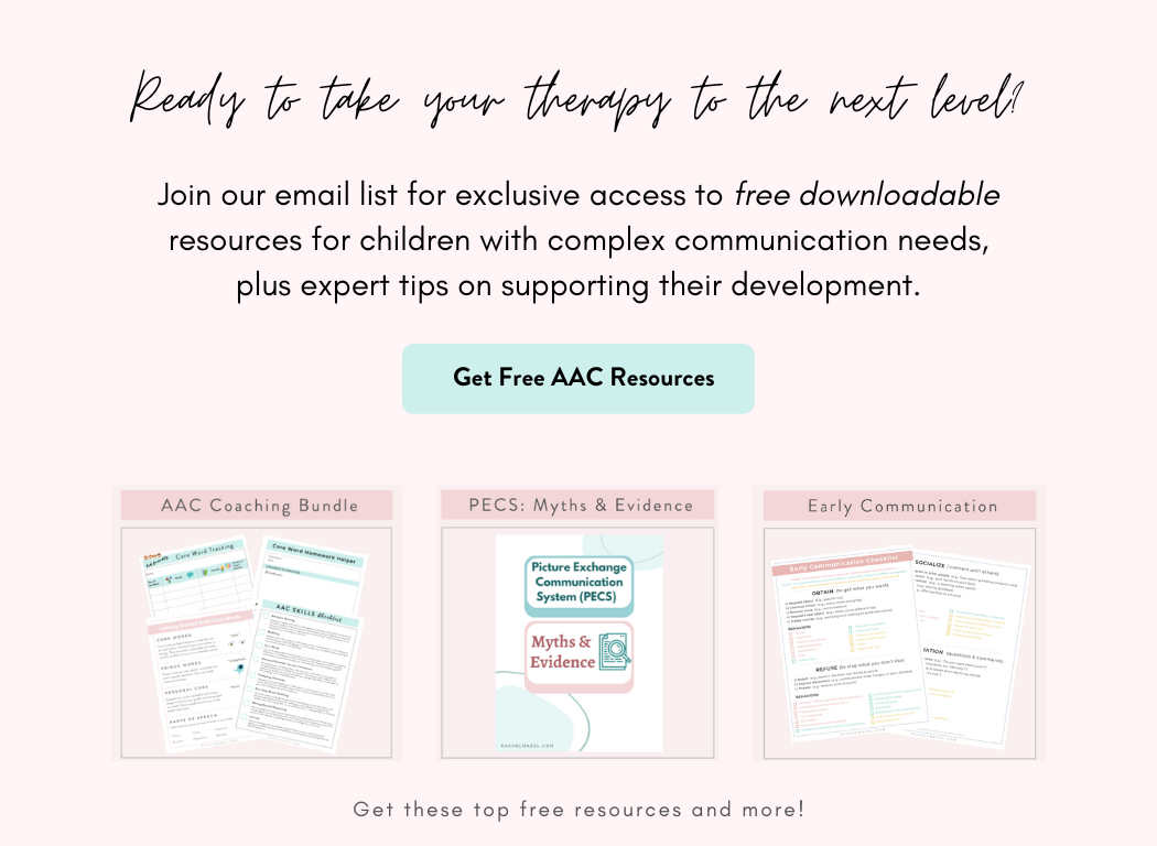 Promotional banner offering 12 free downloadable AAC resources to support children with complex communication needs. Highlights include a 'Get Free AAC Resources' button and thumbnails of the available materials.