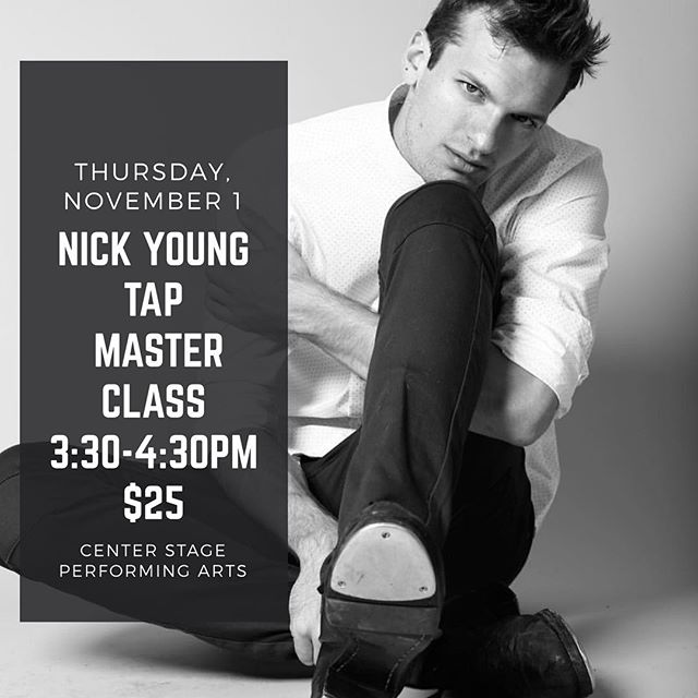 Nick Young Tap Master Class
for ages 9-12 ✨
Today!!! Thursday, November 1 
3:30-4:30pm $25 link in bio to sign up! Arrive 15 minutes early ~ don&rsquo;t forget your tap shoes! ✨
&bull;
&bull;
&bull;
 #tap #centerstageutah