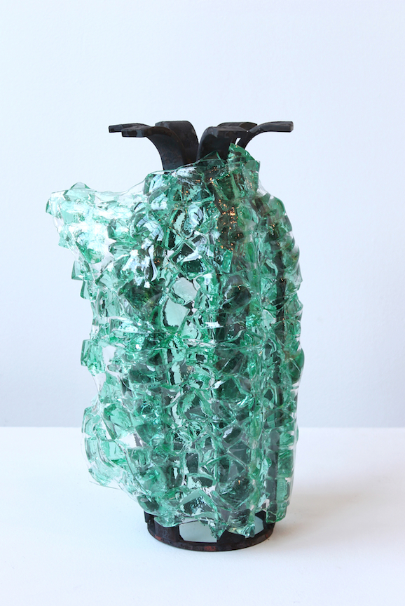 2015, "Ice Jacket" series. Kiln glass over steel armatures. "Ice Jackets" look at the reflective qualities of the glass, as well as referencing artifacts found along the banks of the Penobscot river after recent dam removals. The a
