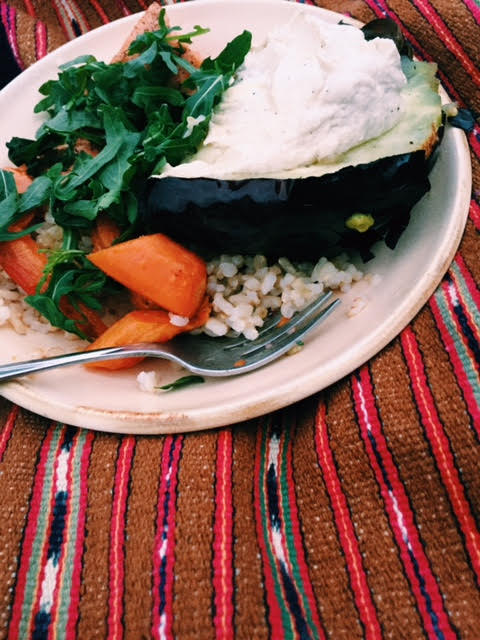 Later, on making this again, we ate the eggplant with roasted salmon, brown rice, sweet potatoes and arugula. 