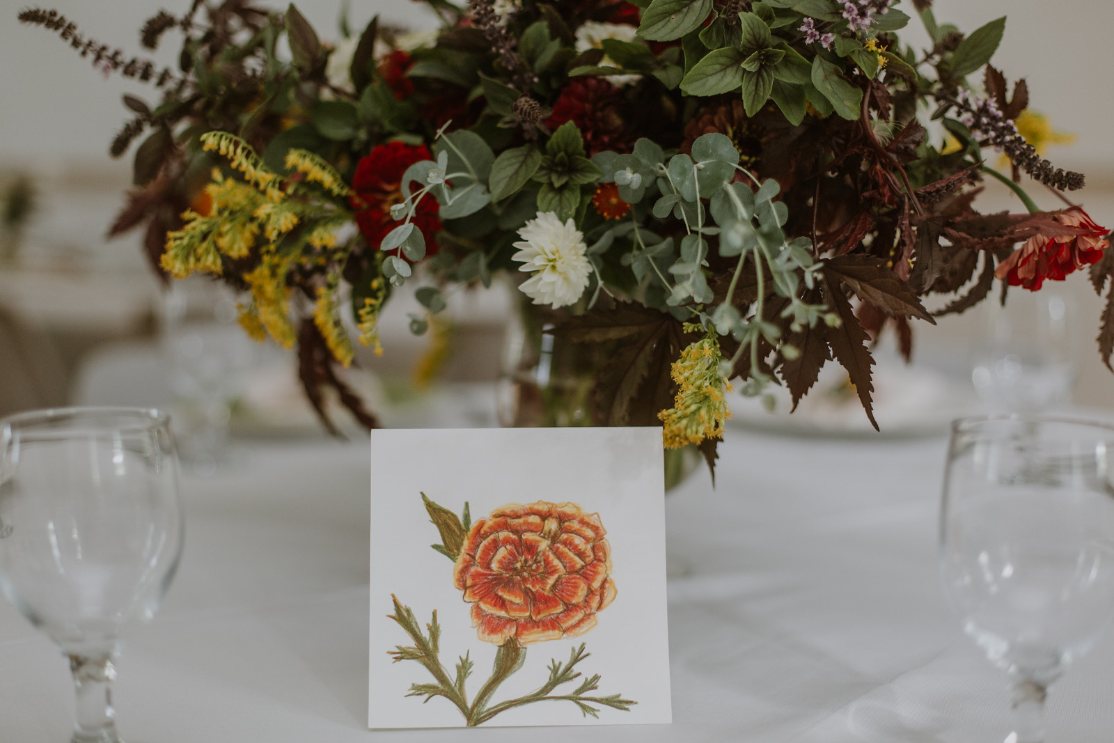 Tables were named after flowers, and marked by lovely drawings by my housemate Sarah