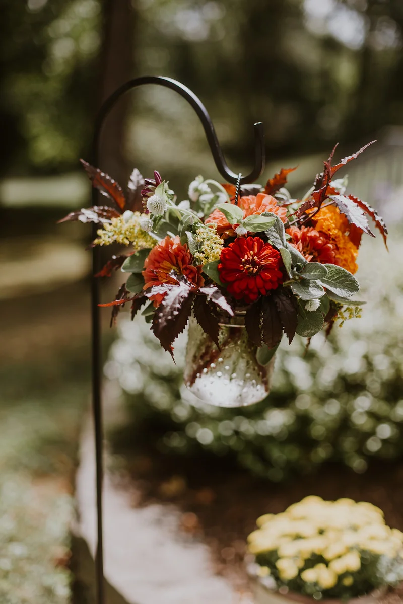 A closeup of a hanging arrangement