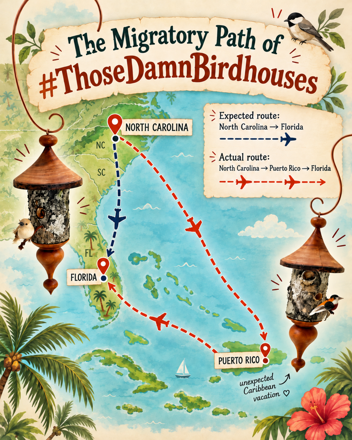 Illustrated map showing the birdhouse ornaments’ unexpected shipping route from North Carolina through Puerto Rico to Florida, instead of directly to Florida.