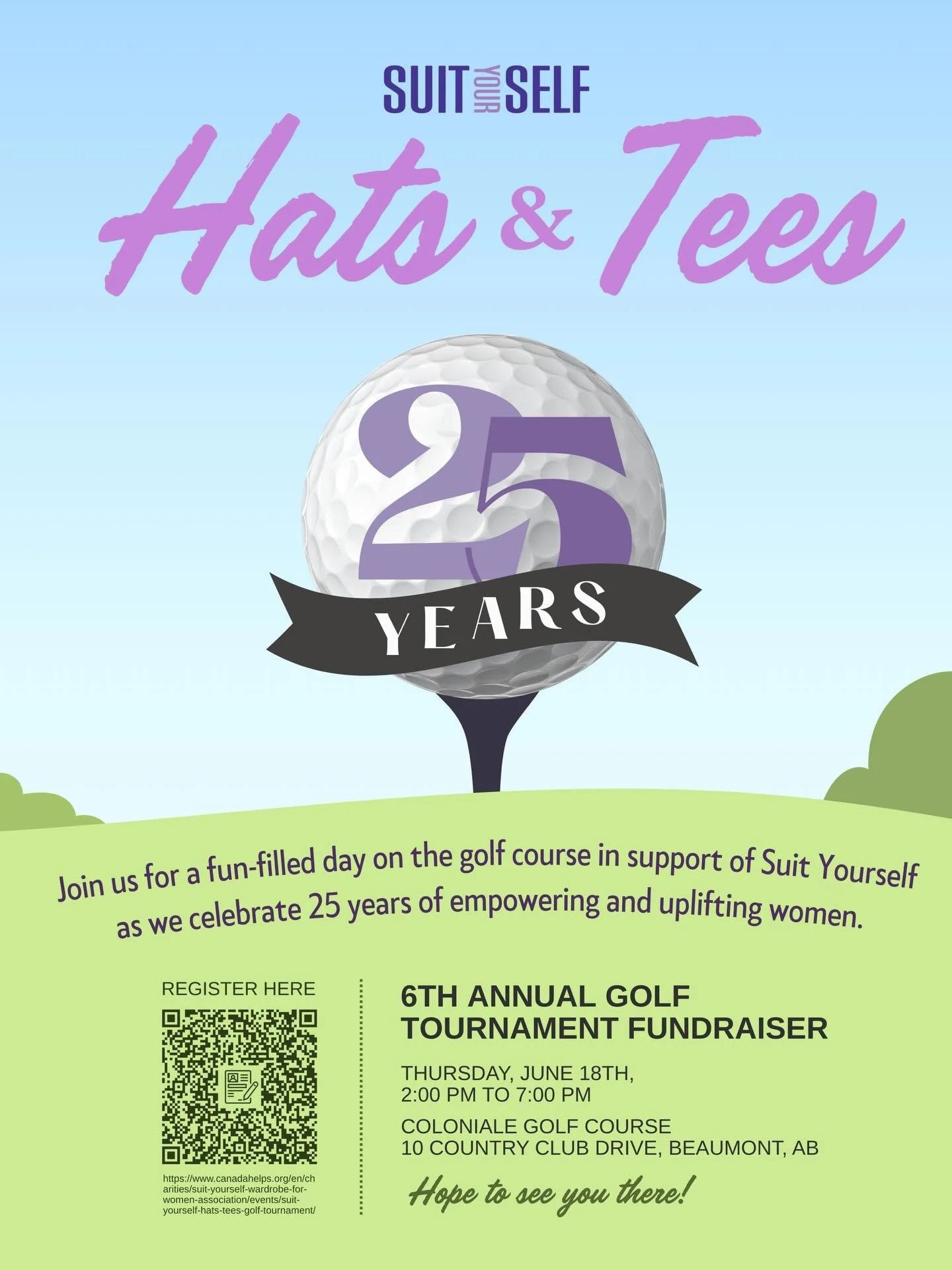 💜Celebrate 25 years of empowering women with us at the 6th Annual Golf Tournament Fundraiser in support of Suit Yourself! ✨An afternoon of golf, community, and impact as we come together to support women on their journey to confidence and success.⛳ 