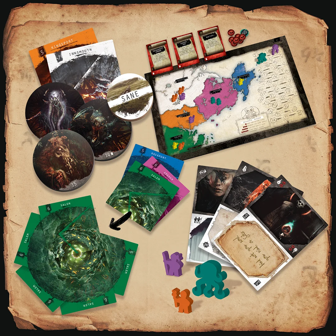 Sane or Insane round? Each plays differently with separate goals and actions! While Sane, send your investigators or search for maps, lost pages, and the truth. While Insane, build gates to another dimension in order to release powerful monstrosities. Gates of Delirium is for 2-4 Investigators aged 14+ who'll compete for 30-45 min to collect the most victory points!