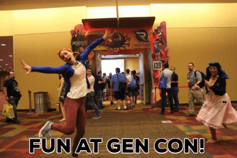 Mandi and Becca jumping for joy at Gen Con