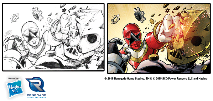 Tommy Oliver as Zeo Red punching a cog in black and white sketch and in color