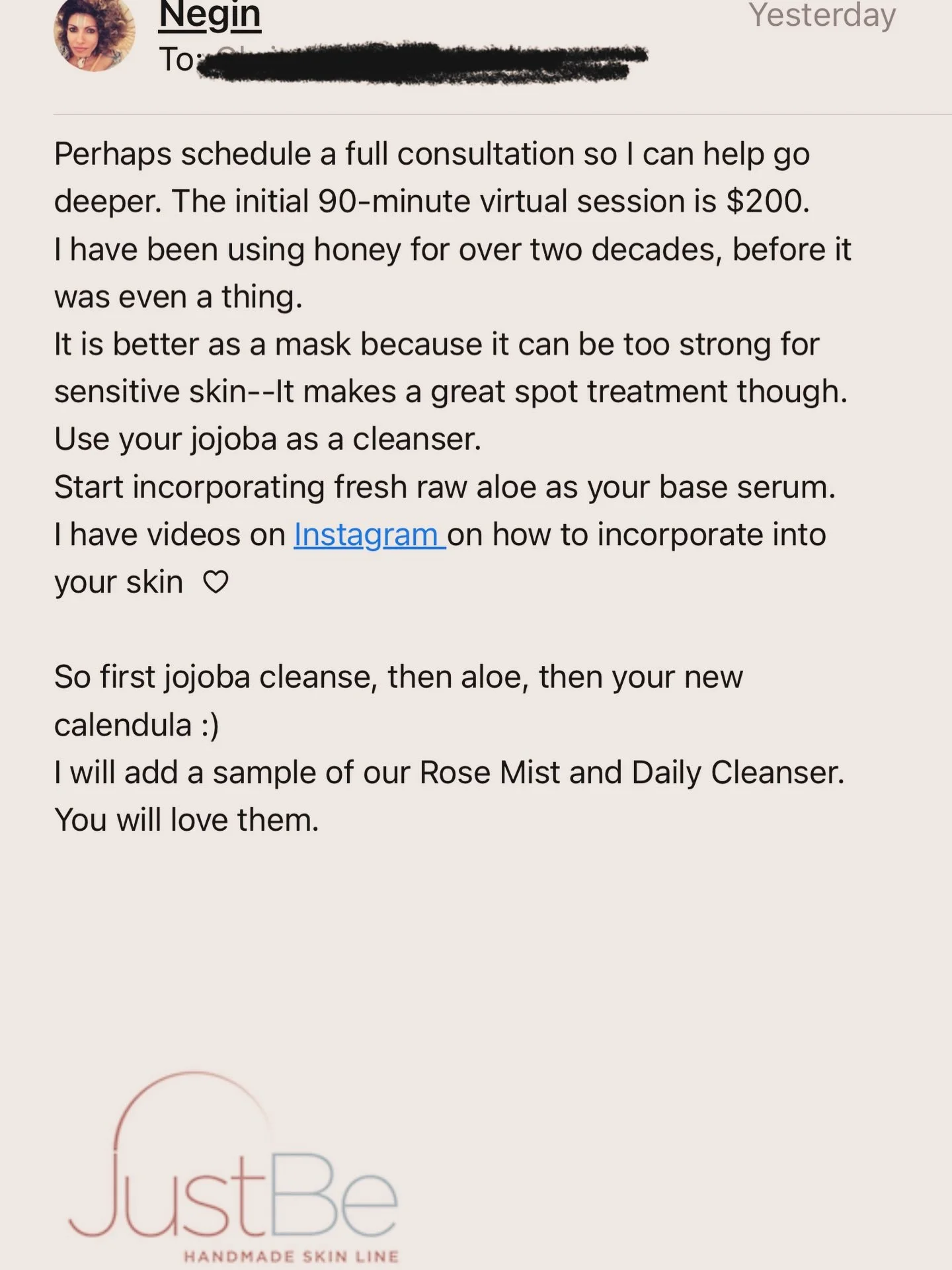 An email exchange with a new client that ordered our calendula serum 🧡🌞 

#skincaretips #skinexpert #holisticwellness #holisticesthetician #greenbeautyproducts