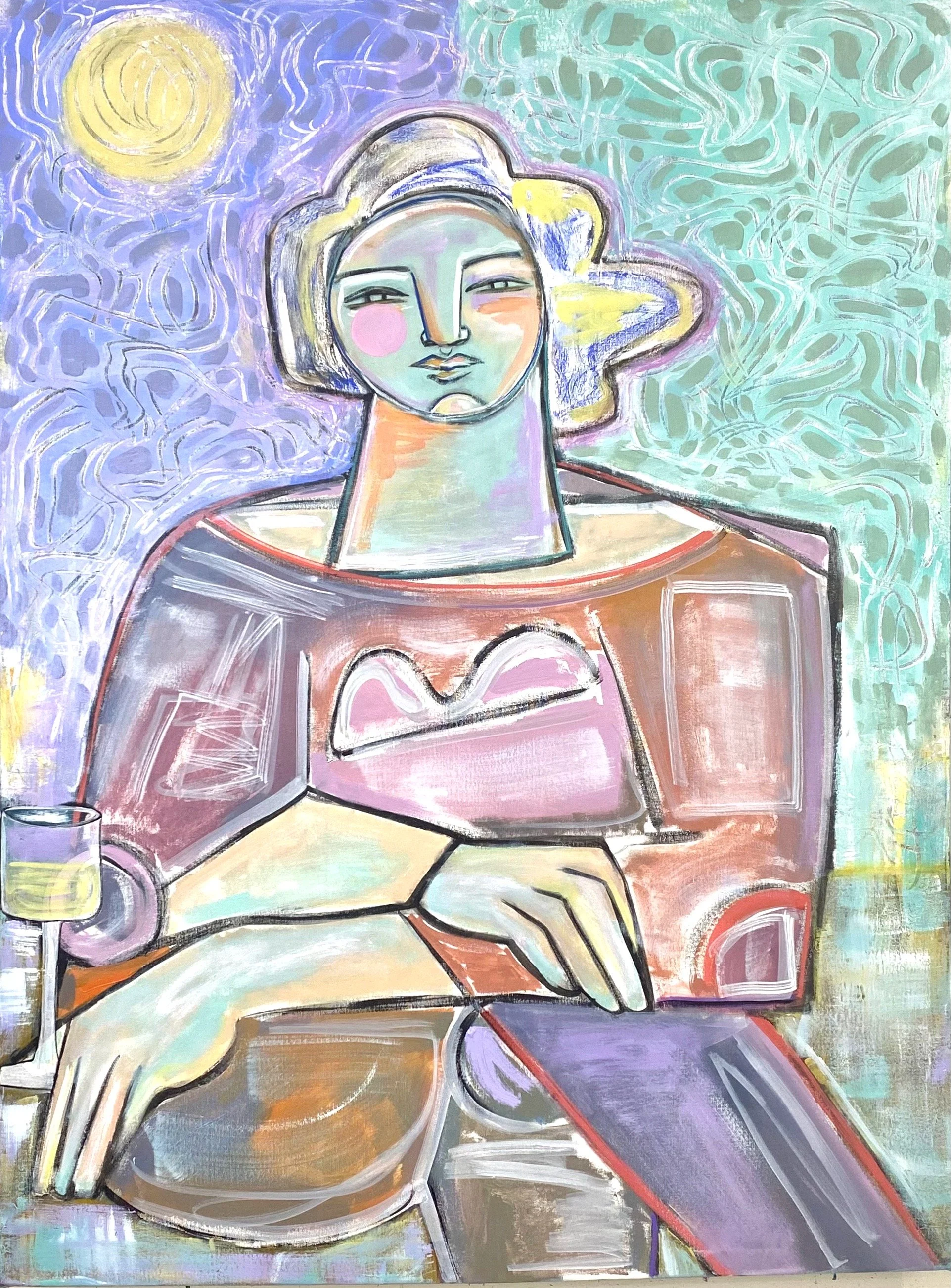  Woman Under Swirling Sky, Mixed Media on Canvas, 30x40, 2024 