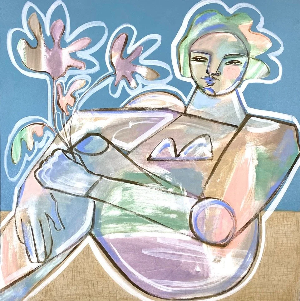  Woman Sitting with Blooming Branches, Mixed media on canvas, 36x36, 2024 