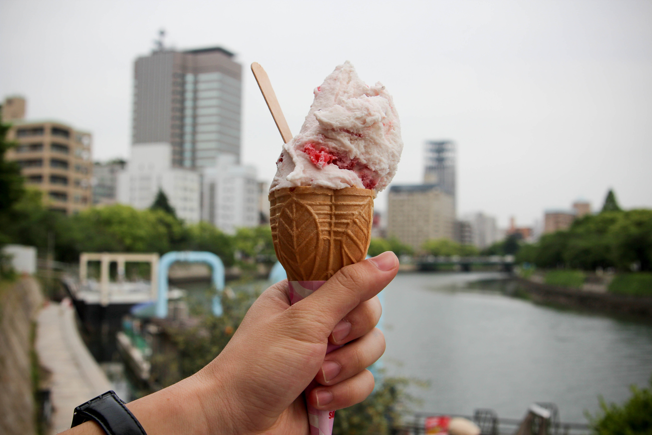 Strawberry salt milk gelato on the banks of the Aioi Bridge in Hiroshima.