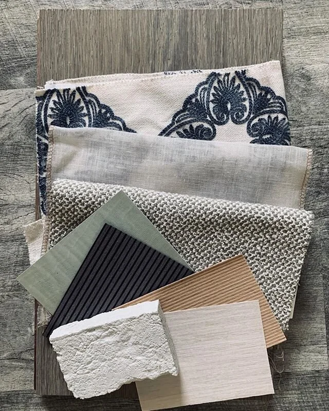 Material palette for a dining room. The dining table top will be made with a pattern done in the various wood veneers shown here. I can’t wait to see it finished!! #colorpalette #woodveneer #interiordesign #ljbhomedesign