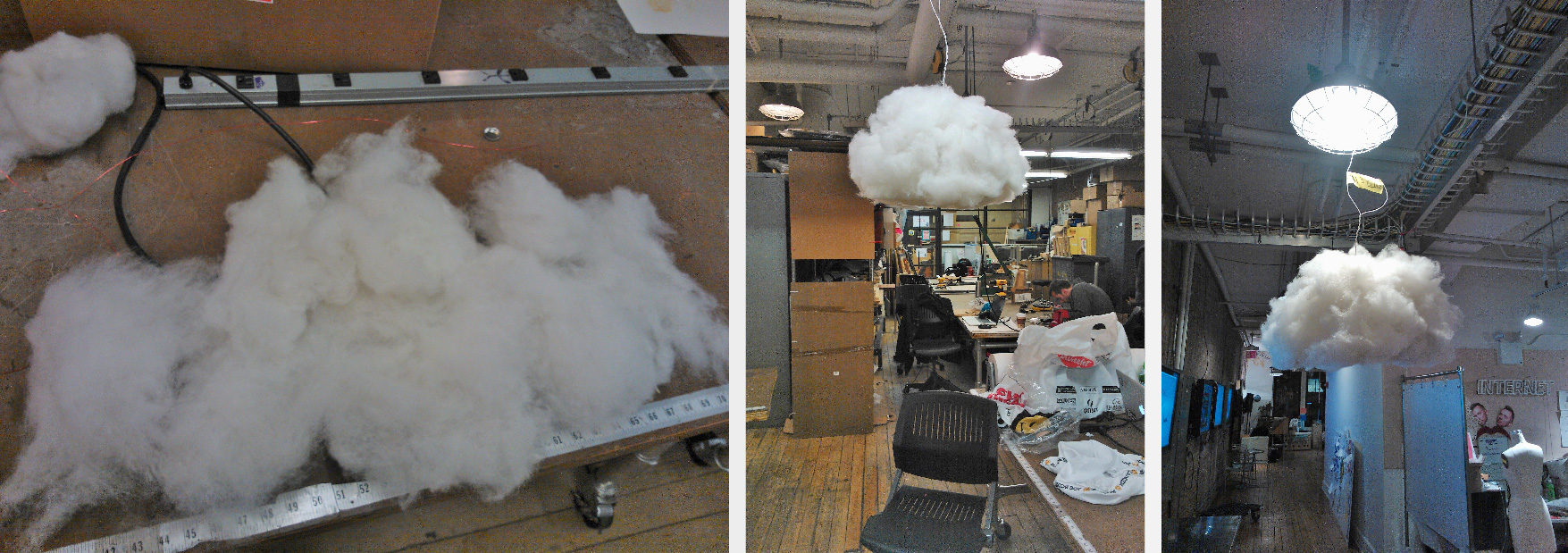 Cloud making. Making frame first, packing it up, and wrapping it with cotton to make it looks more cloud-like.