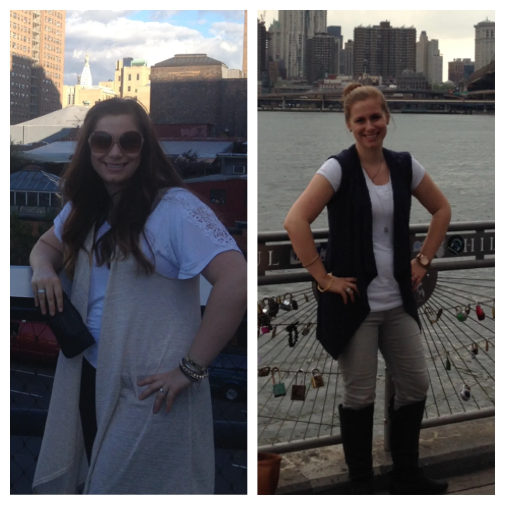 I ran away from the grief and pain of reality to NYC for a girls weekend twice after RJ died. The picture on the left was a few weeks before I started T25 and the one on the right is about 8 months later. Let's talk about how different my body felt on those two trips---the first trip my poor feet and legs could barely keep up with all the walking and I was often out of breath and dying to take a cab. The second trip I had so much more energy and we walked EVERYWHERE--about 22,000 steps each day!!
