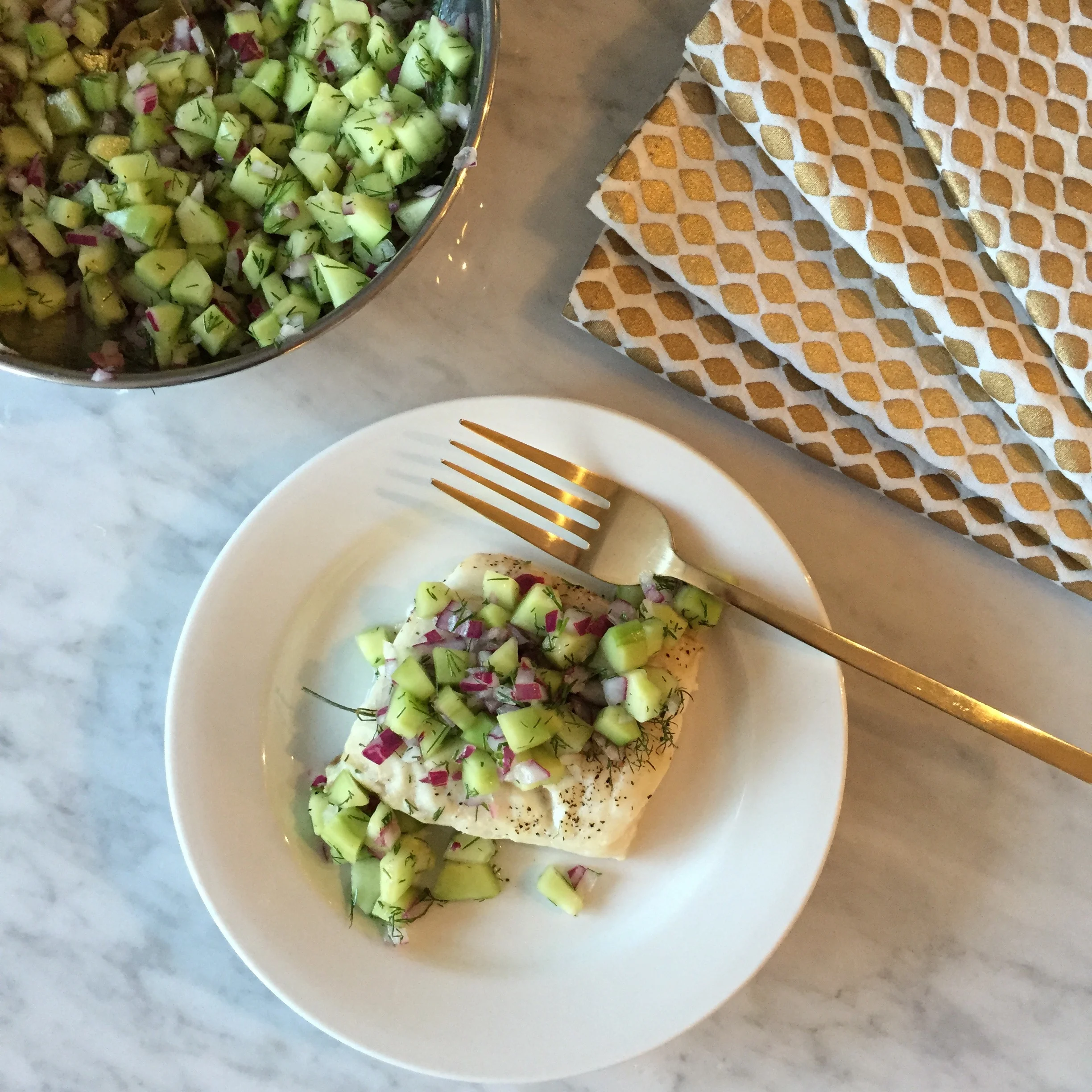 Baked Cod with Cucumber Salad