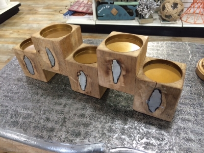 (3) Twinkle Twinkle Table Top - Regretting that I didn't buy this gorgeous rustic wood pillar candle holder with metallic inlay that I saw at Homegoods in Colorado! This could hold its own as a gorgeous tabletop fireplace (or light up a non-operational fireplace!)