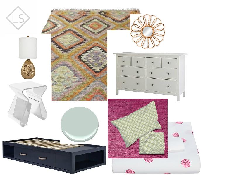Vintage Eclectic Colorful “boho” patterned vintage kilim rug as the focal point of the room, drawing on the blues/greens for the wall color. The mirror and pulls on the bed bring in a natural material, balanced by the mix of the metal lamp and acrylic side table. Fun mix of large and small scale patterns on bedding to pull together the colors without feeling too “matchy”