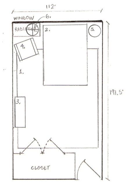 1. Area Rug / 2. Full Size Bed / 3. Client's Existing Play Kitchen / 4. Client's Existing Zebra Chair / 5. Round End Table / 6. Table Lamp