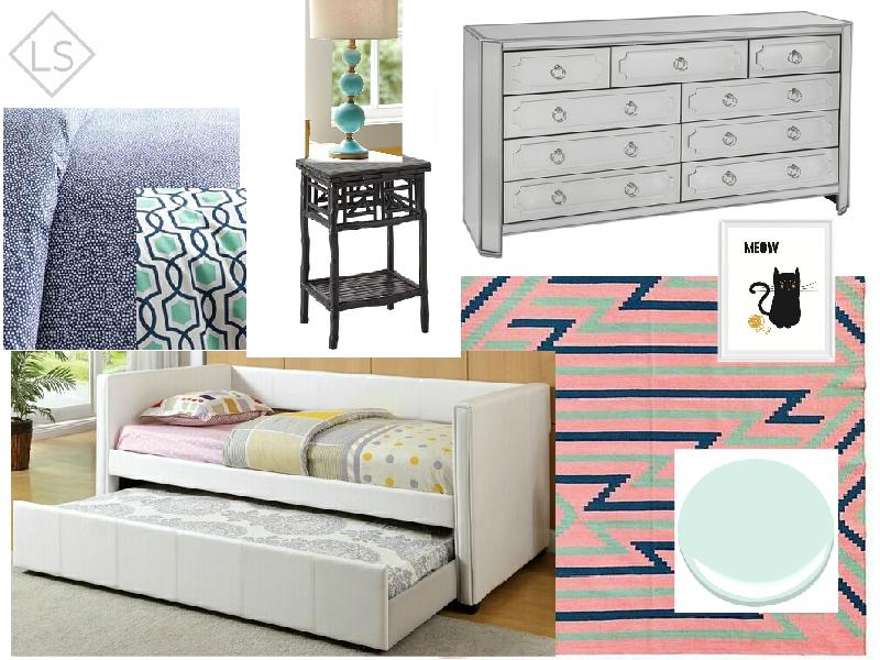 Big Girl Glam Gorgeous pink, blue and mint rug, coupled with sophisticated mirrored dresser. Blue/green walls to pick up on rug. Mixture of textures and patterns to avoid fussiness. Upholstered faux leather white trundle/storage bed (bonus- wipeable!). Black natural material accent table + fun animal art gallery wall to tie in black/white zebra chair. 