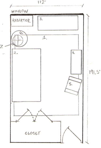 1. Area Rug / 2. Daybed with Storage / 3. Large Dresser / 4. Client's Existing Play Kitchen / 5. Client's Existing Zebra Chair / 6. End Table with Book Storage / 7. Table Lamp