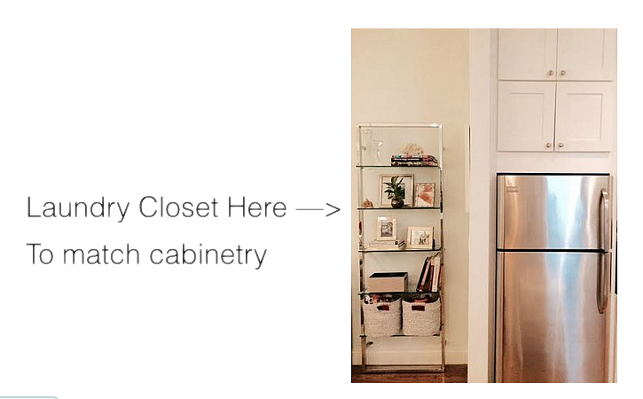 We wanted to remove this etagere and build out the white kitchen cabinetry to the left of the refrigerator and create a mini-closet to house a small stacked washer + dryer.