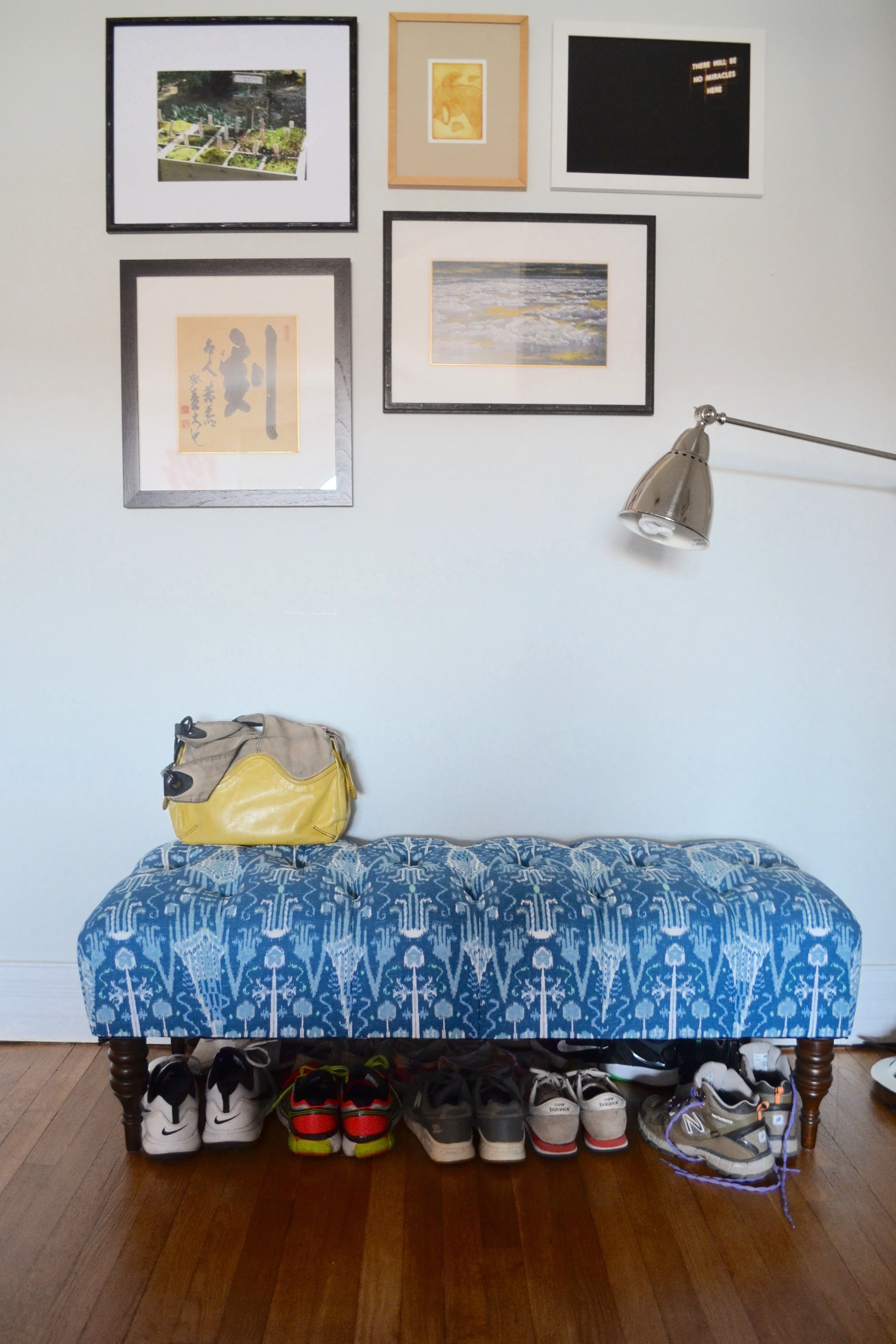 The bench was a One Kings Lane find and the floor lamp is Ikea.