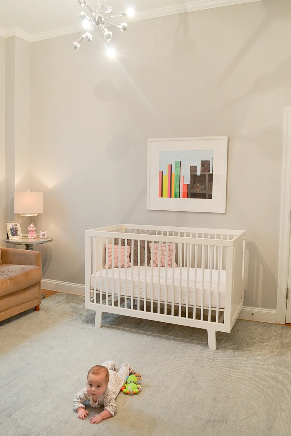 The Oeuf Sparrow Crib, Grey Pedestal Table by Safavieh and the crystal lamp (Homegoods!) all came with us to SF. Oh yeah, and the baby! 
