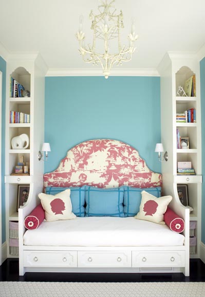 I've always loved this girl's room by designer Massucco Warner Miller. Love the carved detail on the drawers and the hardware, with mini drawers in the built ins! 
