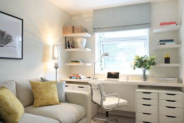 Cozy London apartment by LLI Designs. Love the countertop fixed to the wall, floating shelves and filing cabinets mixed with the textiles.