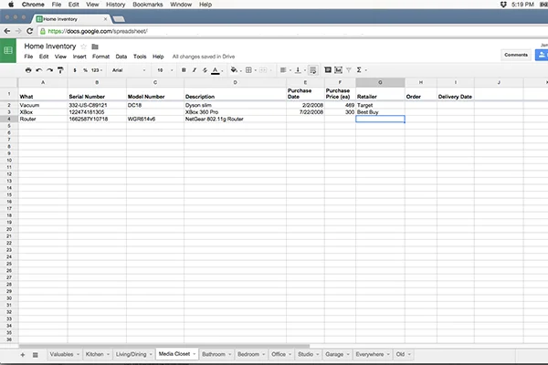 A tab from my Home Inventory in Google Docs
