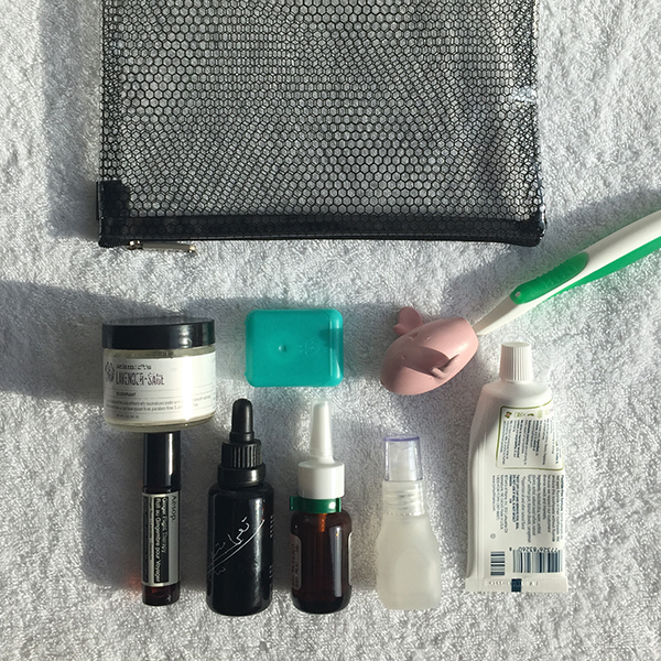 Liquids and niceties for the flight: deodorant, toothbrush, toothpaste and floss, rose spray (my toner but also nice for dry plane rides!), another medication, face oil (for cleansing and moisturizing), and ginger flight spray (I still get pretty sick when I fly :/)