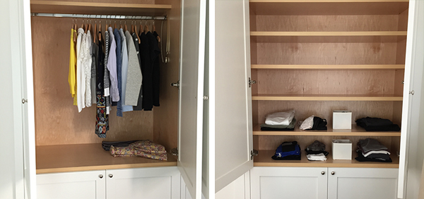 (my finished closet and "dresser"... the empty spaces are Greg's)