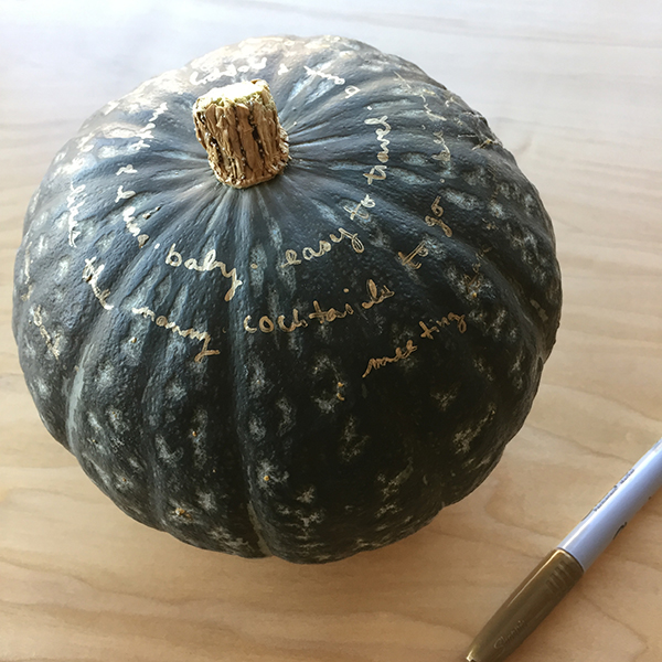 (Our Gratitude Squash so far... and yes, that's "cocktails to go", inspired by New Orleans. ;) 