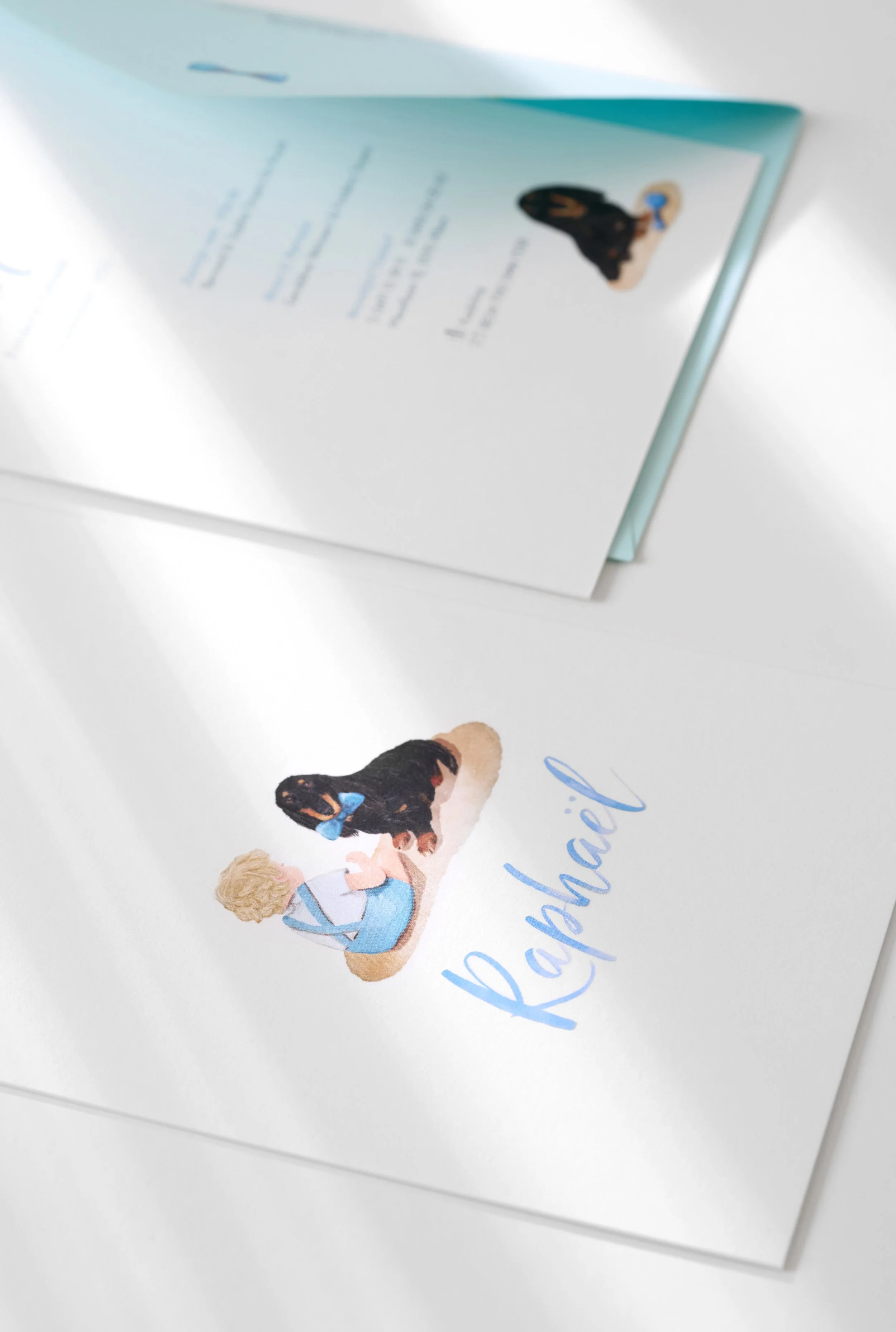Geboortekaart met aquarel illustratie baby en hondje