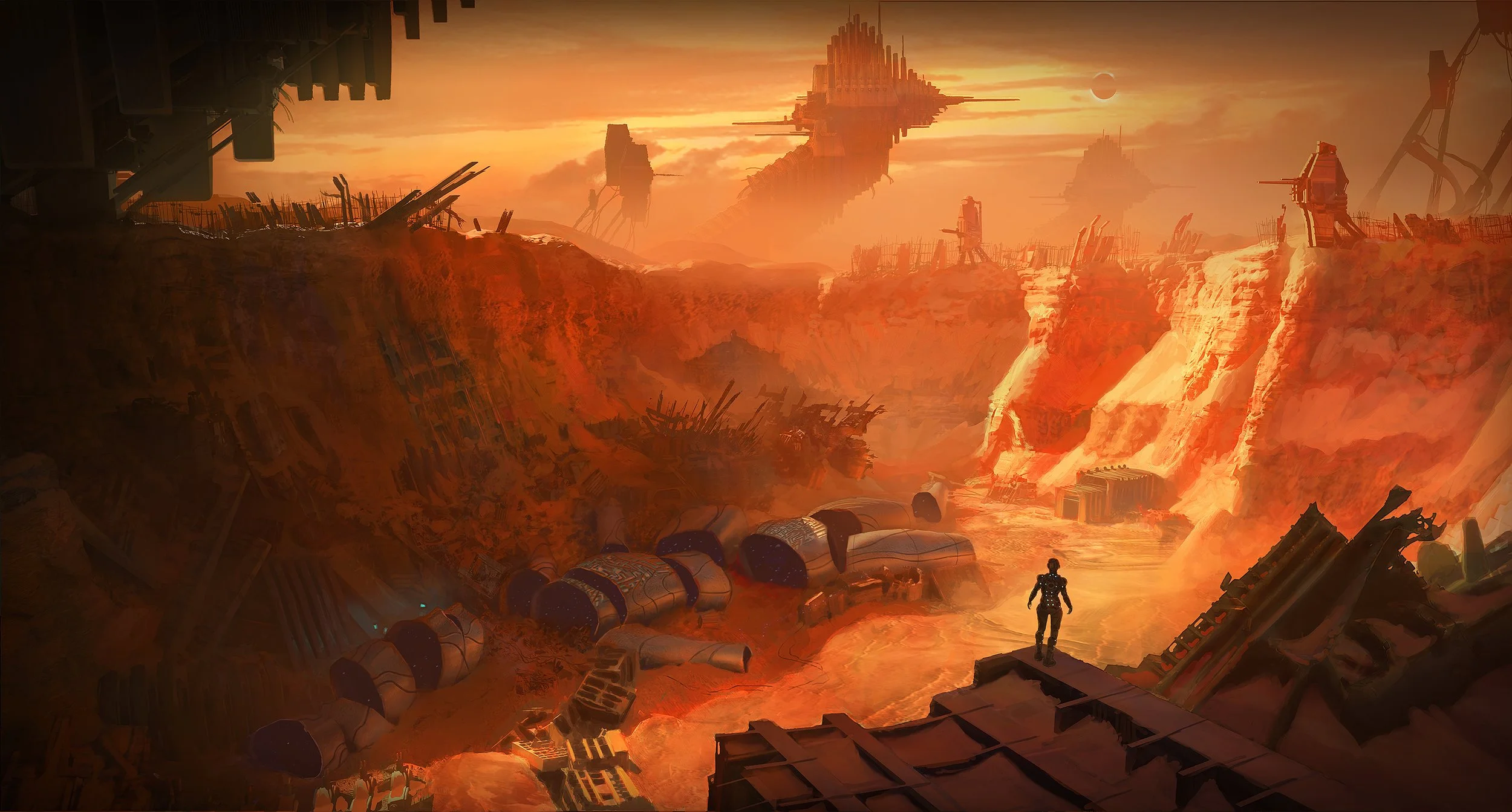 A futuristic scene depicting a lone figure standing on a ledge overlooking a desolate landscape with orange and red tones, abandoned structures, and floating ships or stations in the sky.