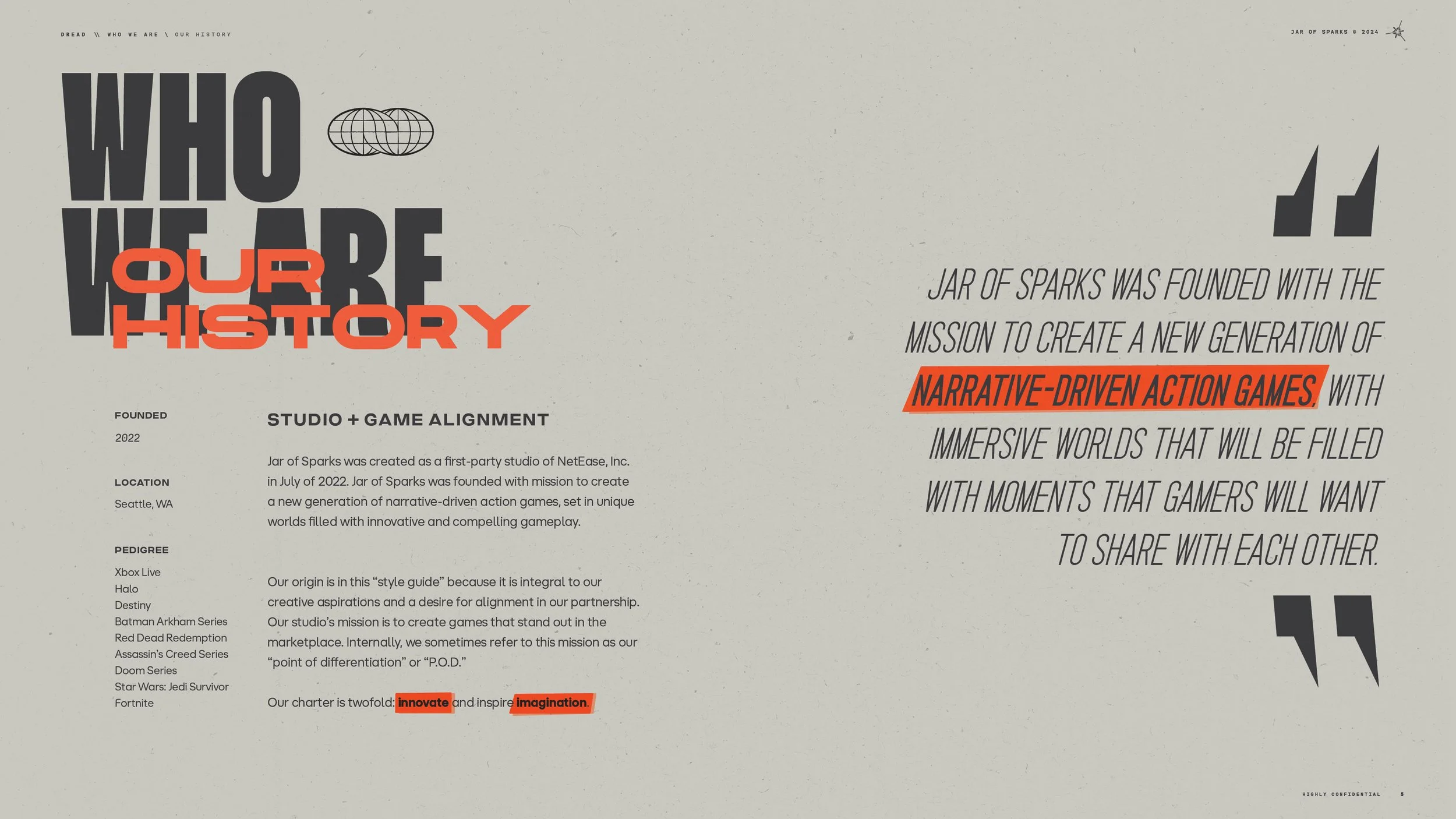 A website or presentation slide for Jar of Sparks, a gaming studio, with bold black and red text about creating narrative-driven action games, including mission, location, pedigree, and values like innovate and imagination.