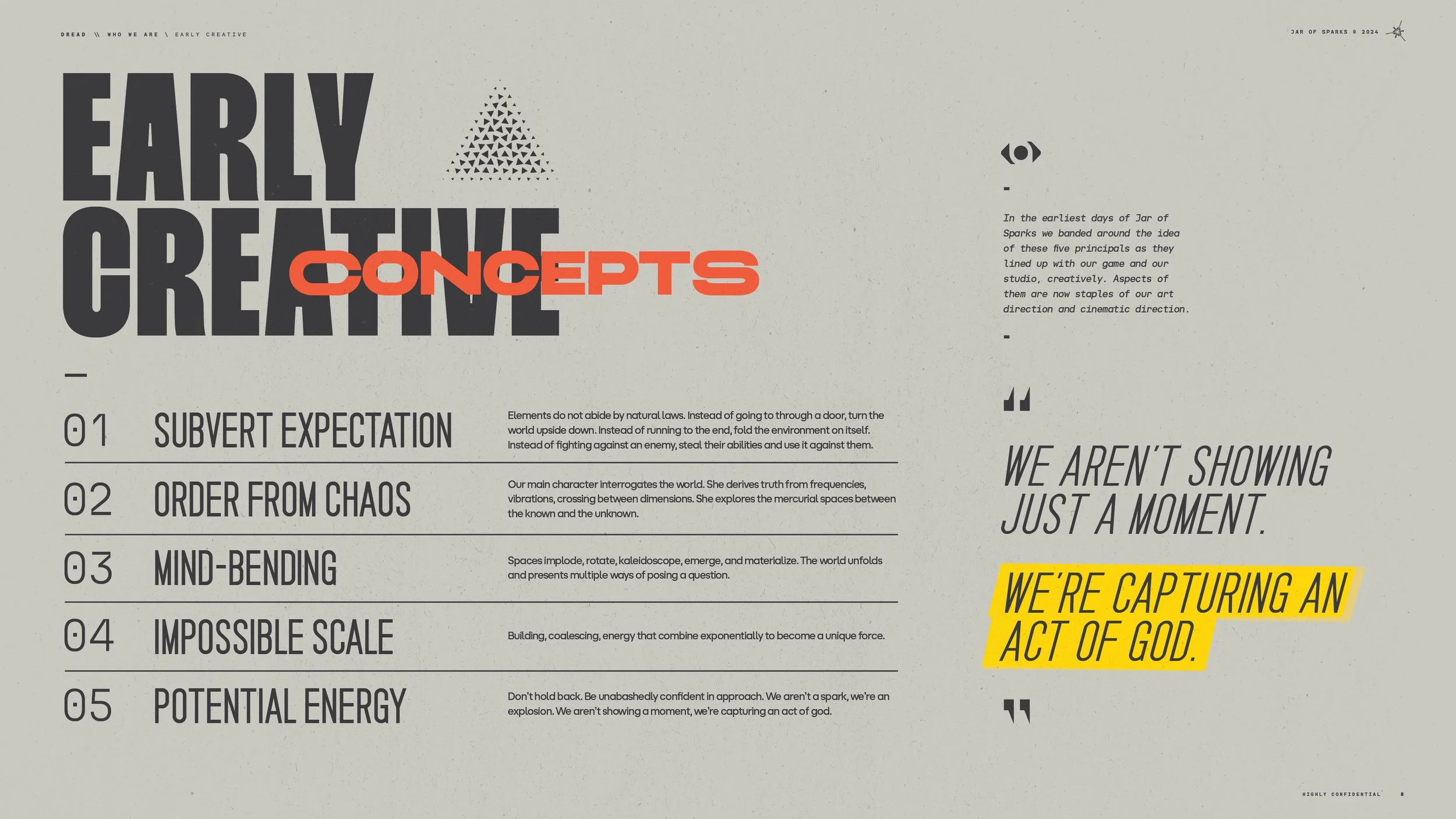 A graphic with the title 'Early Creative Concepts' featuring a list of five creative ideas, including 'Subvert Expectation,' 'Order from Chaos,' 'Mind-Bending,' 'Impossible Scale,' and 'Potential Energy.' Text on the right emphasizes capturing a moment as an act of God.