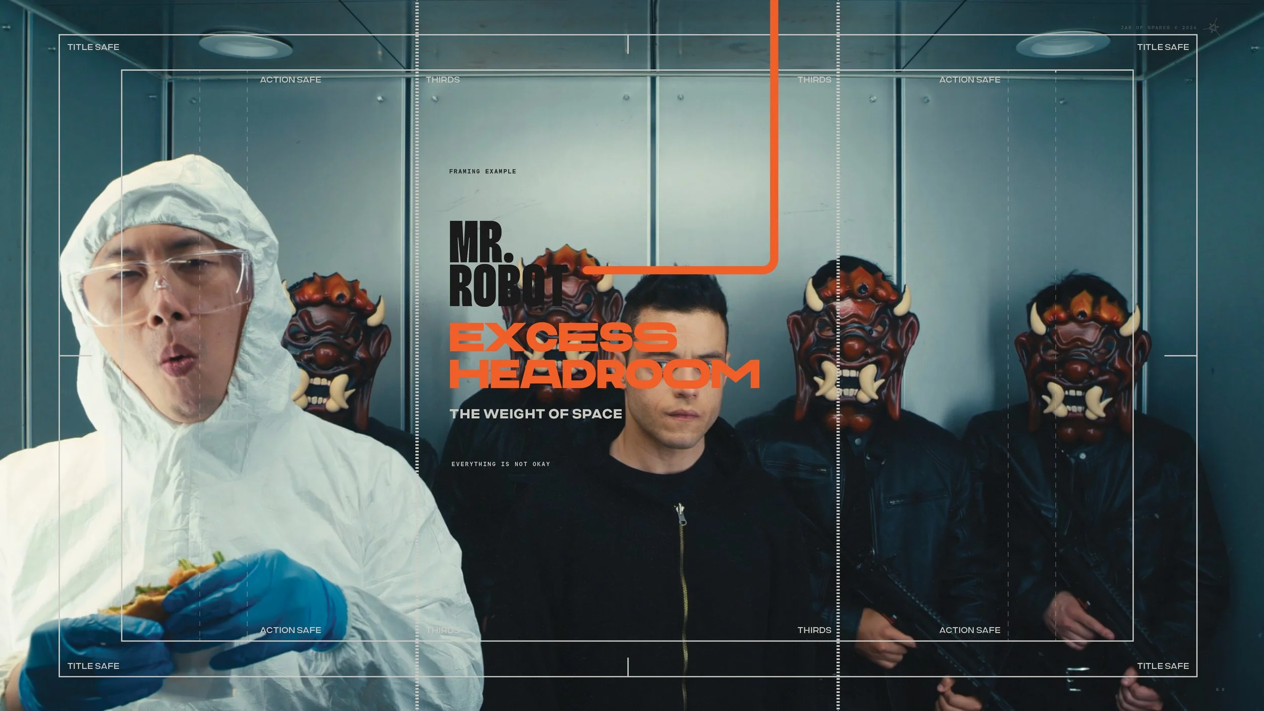 Four individuals standing inside an elevator with a metallic interior, three are wearing masks that resemble devil faces with prominent horns and fangs, and one person is dressed in a white hazmat suit with clear goggles, holding a sandwich and making an expressive face. The image has text overlay reading 'Mr. Robot Excess Headroom: The Weight of Space'.
