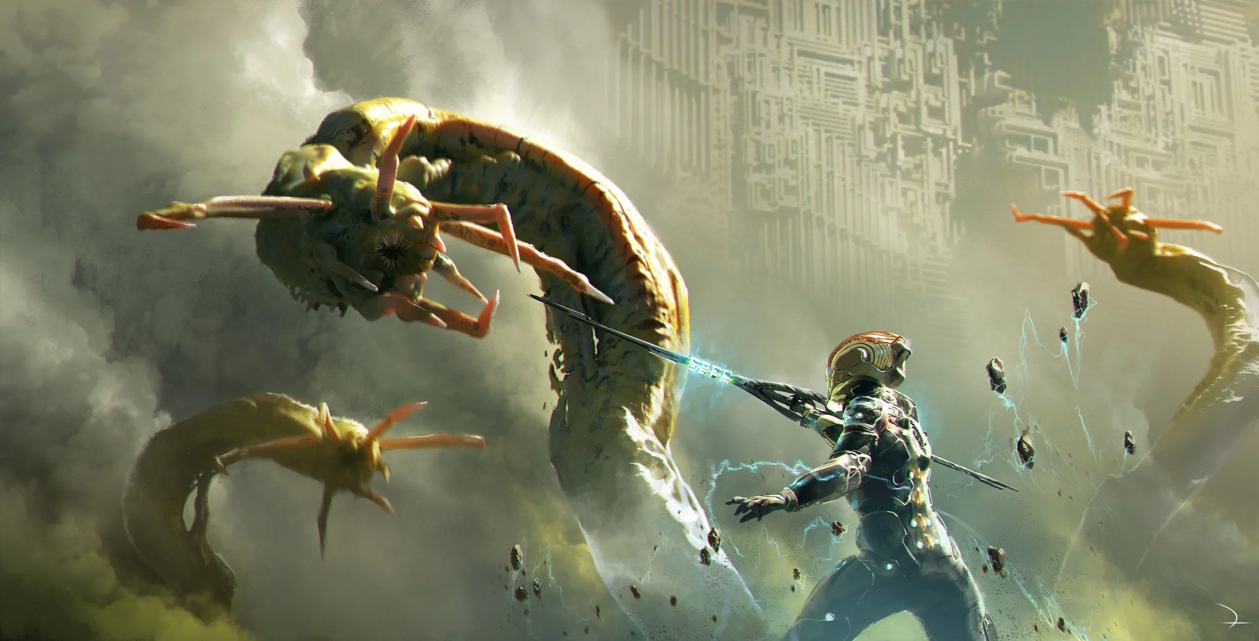 A futuristic armored warrior wields a spear, fighting a large, twisted creature with multiple tentacle-like appendages and spiked protrusions in a dark, cloudy environment.