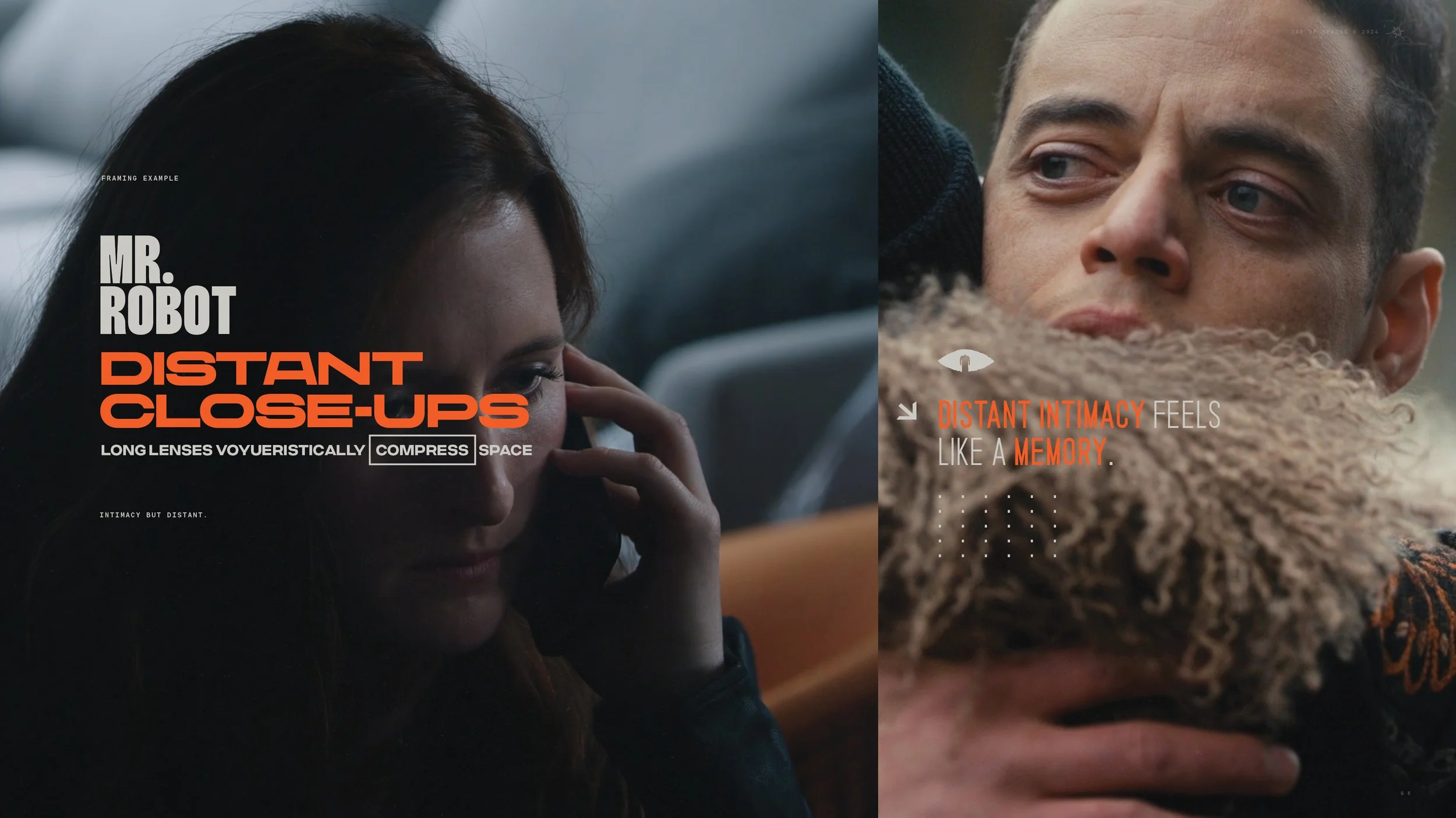 A split-screen image showing a woman on the left talking on the phone with overlay text about 'distant close-ups' and a man on the right embracing with overlay text about 'distant intimacy' feeling like a memory.